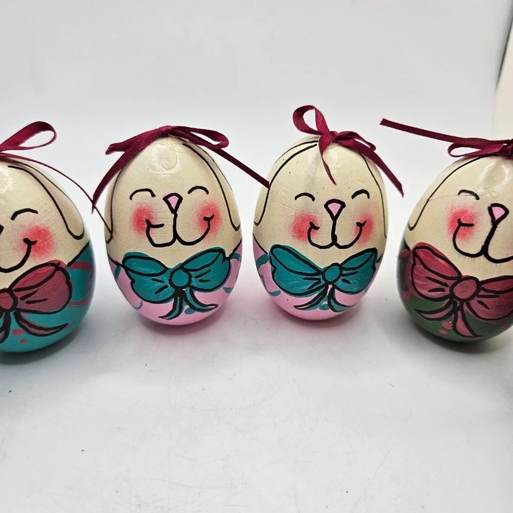 Set of 6 Hand Painted Wooden Easter Bunny Eggs Folk Art Rabbit Shelf Table Decor